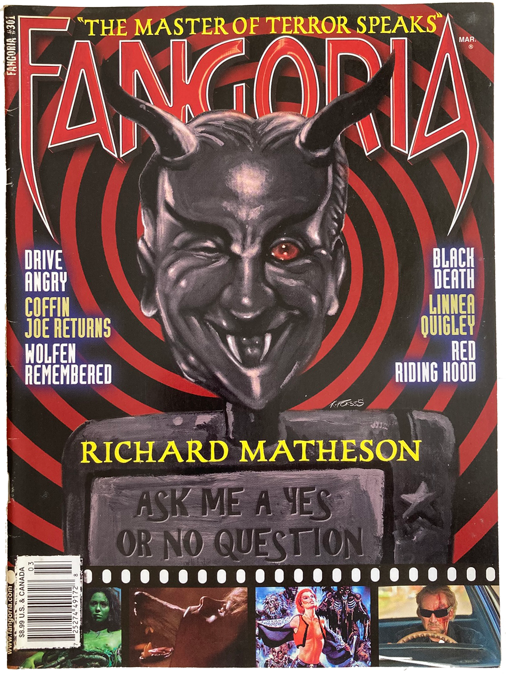 Magazine cover featuring a devilish mask with text and images related to Richard Matheson.