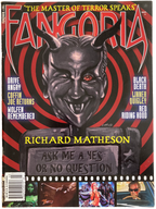 Magazine cover featuring a devilish mask with text and images related to Richard Matheson.