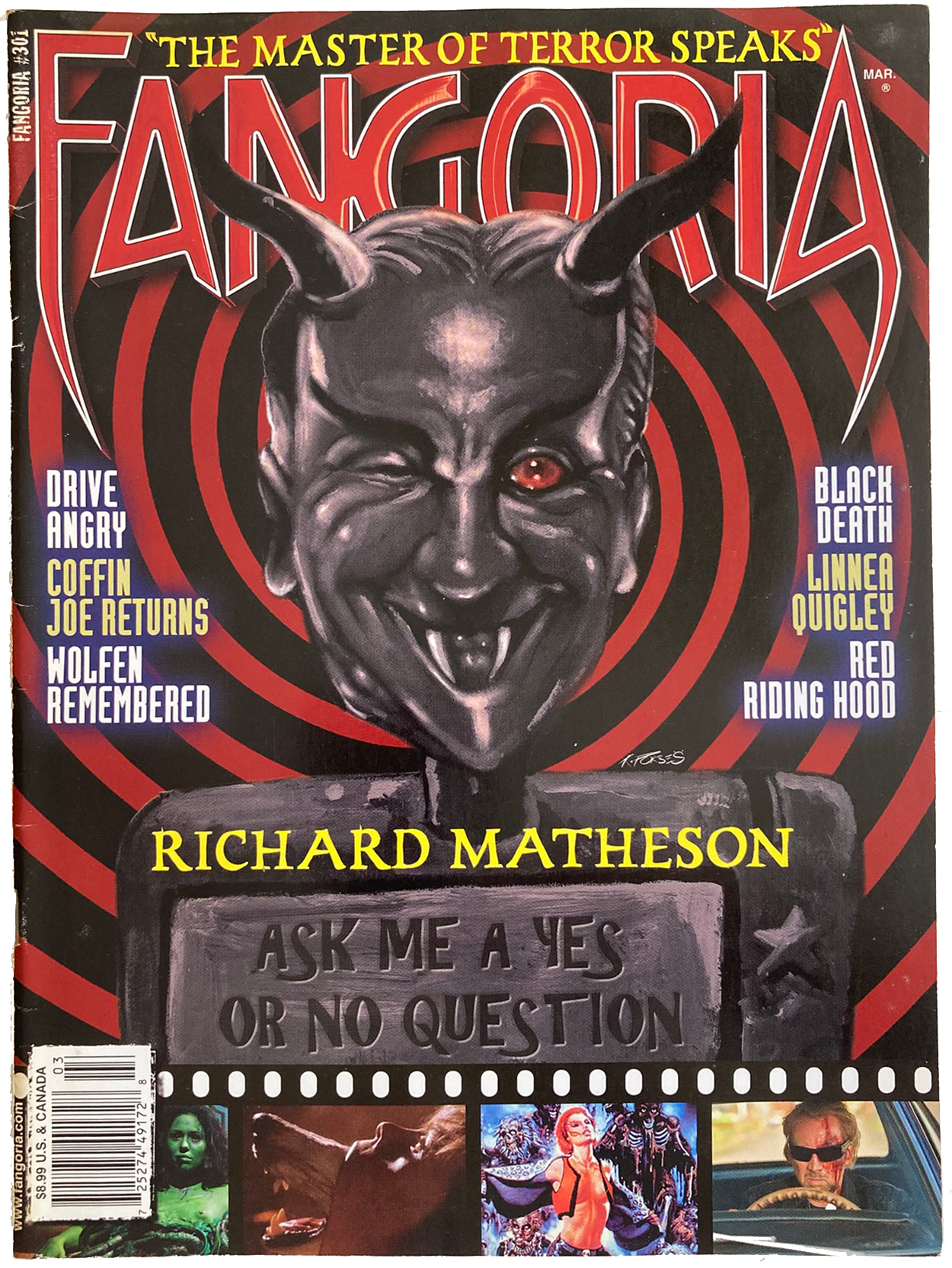 Magazine cover featuring a devilish mask with text and images related to Richard Matheson.