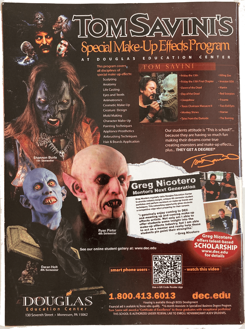 Promotional material for Tom Savini's Special Make-Up Effects Program at Douglas Education Center