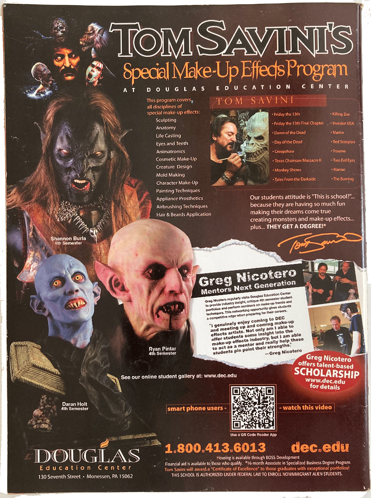 Promotional material for Tom Savini's Special Make-Up Effects Program at Douglas Education Center