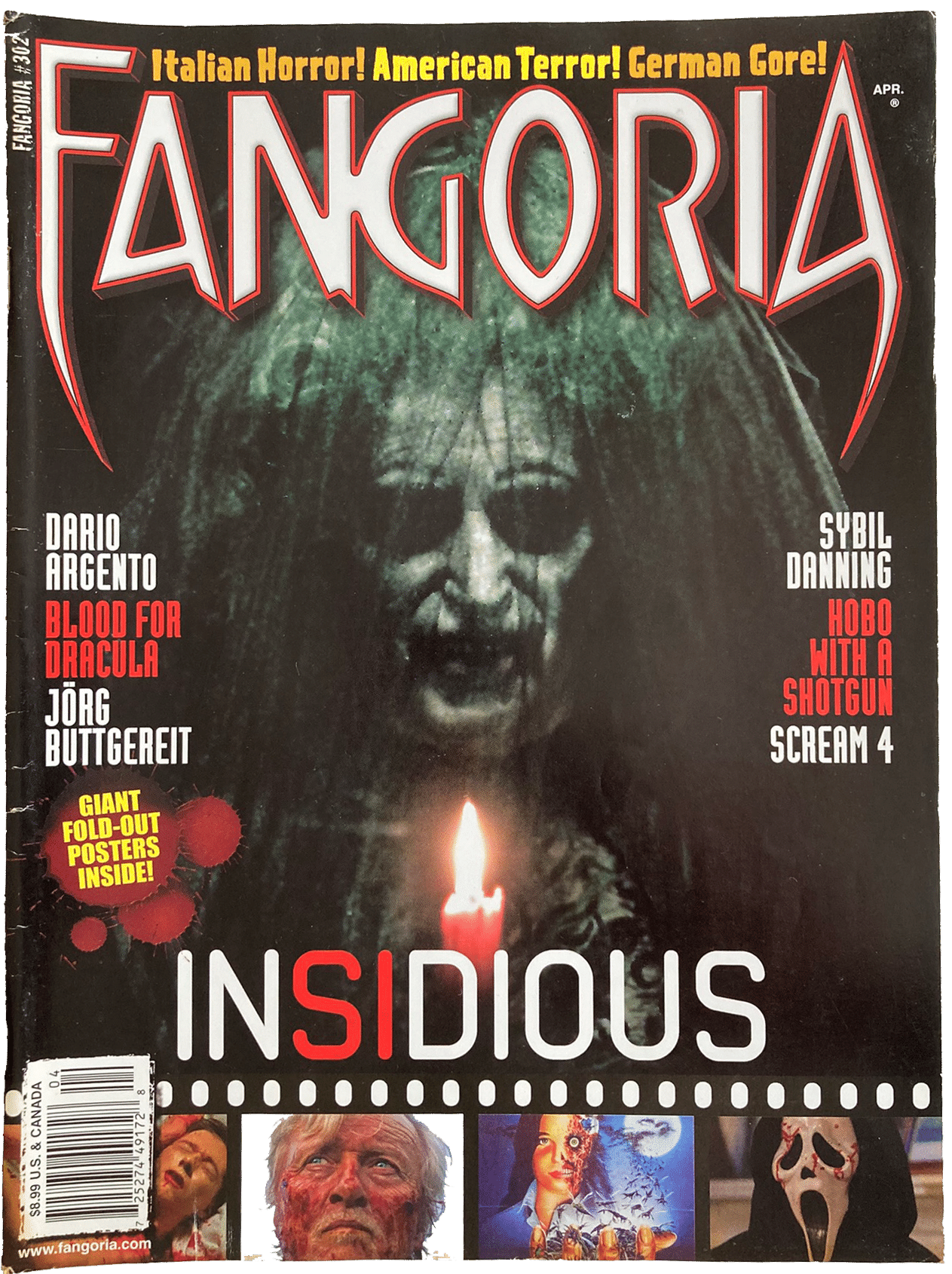 Fangoria Magazine #302 - includes giant poster! cover featuring horror film Insidious with candle-lit eerie face and vintage grindhouse style.