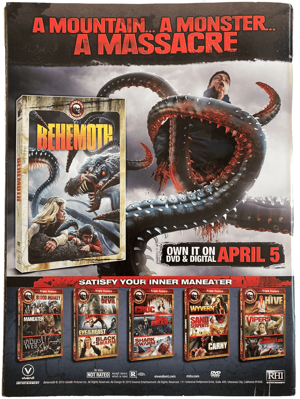 Fangoria Magazine #302 - includes giant poster featuring monster tentacles attacking a man with horror DVD ads below.