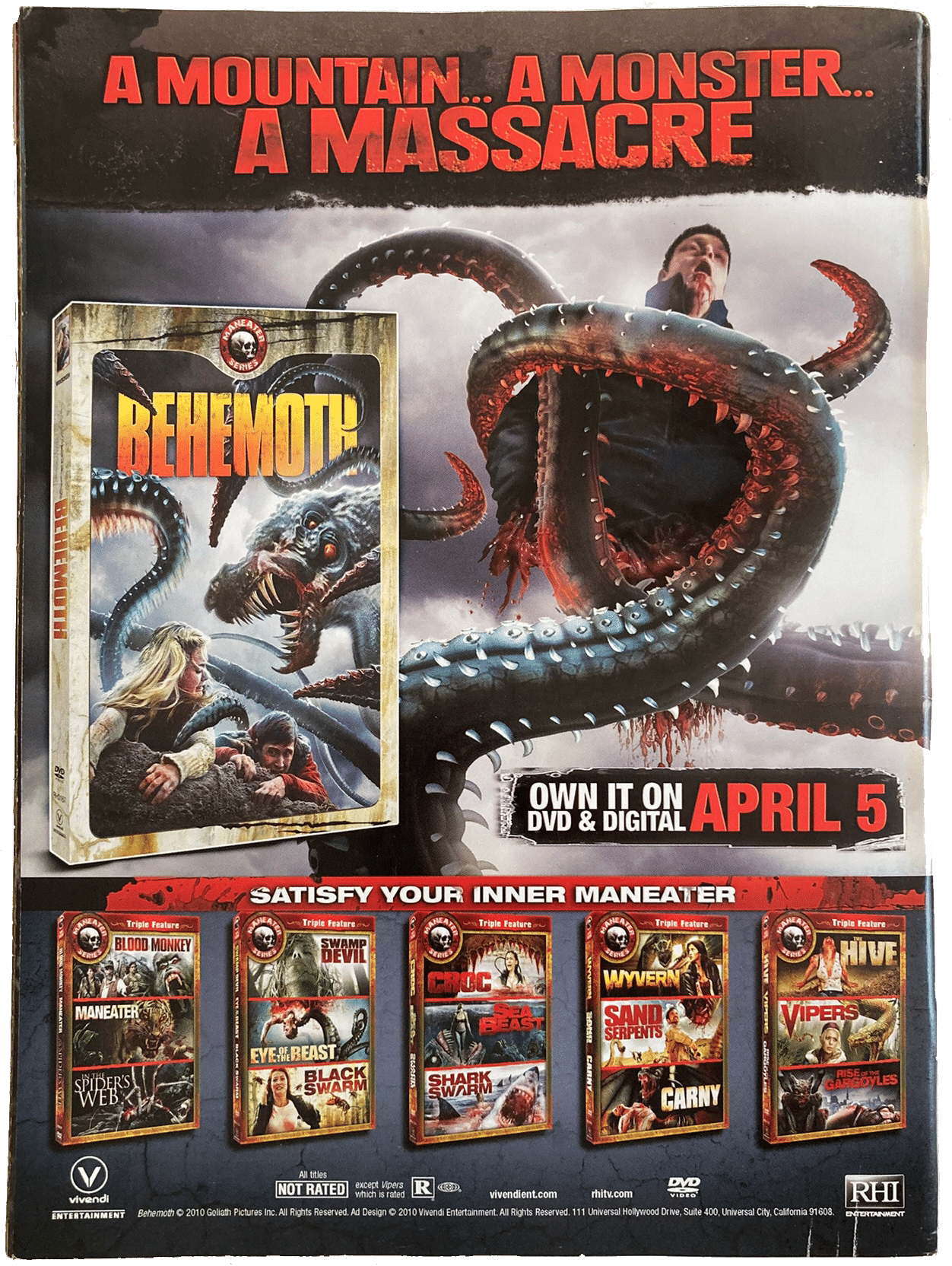 Fangoria Magazine #302 - includes giant poster featuring monster tentacles attacking a man with horror DVD ads below.