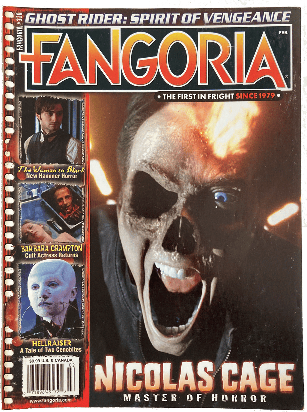 Fangoria Magazine #310 cover featuring Nicolas Cage as a flaming skull figure from Ghost Rider: Spirit of Vengeance