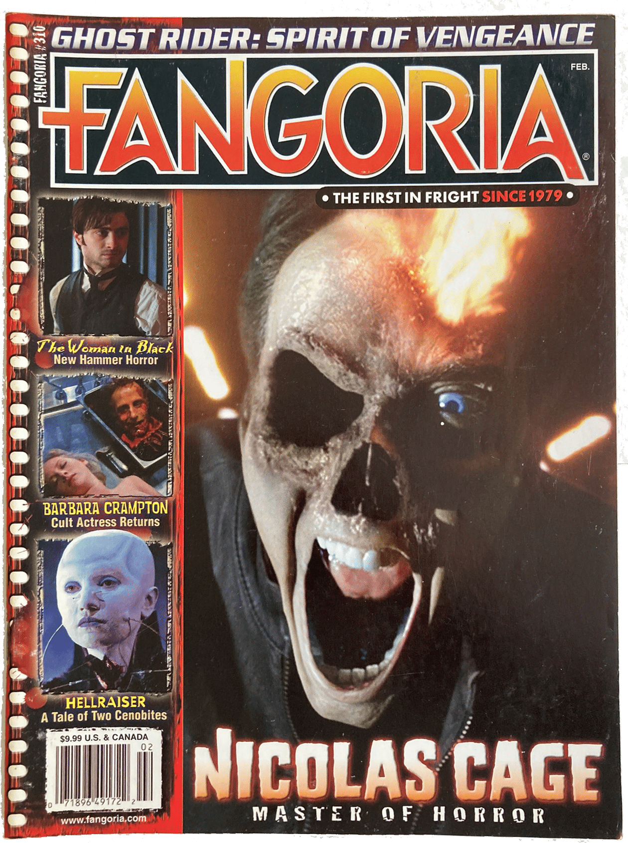 Fangoria Magazine #310 cover featuring Nicolas Cage as a flaming skull figure from Ghost Rider: Spirit of Vengeance