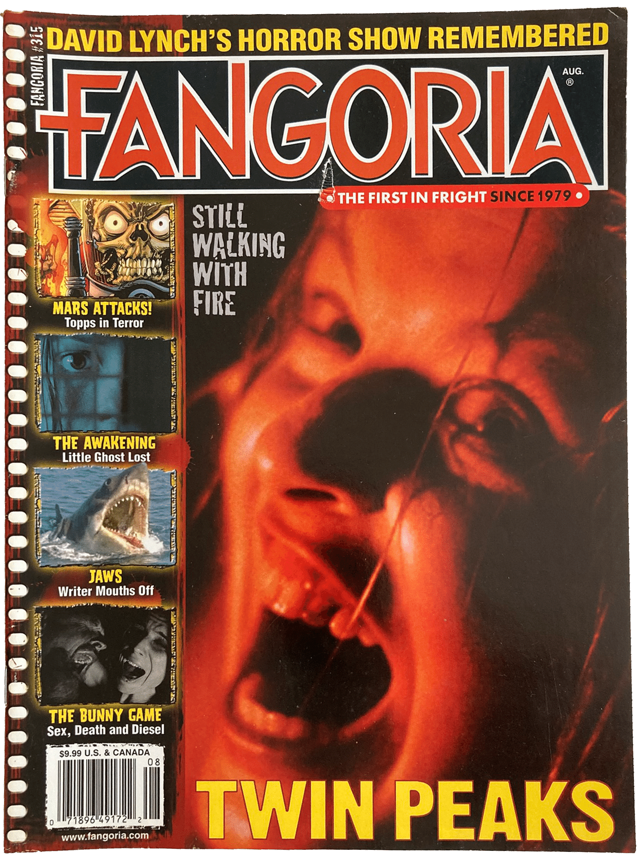 Fangoria Magazine #315 cover featuring Twin Peaks horror scene with intense red lighting and vintage grindhouse style design