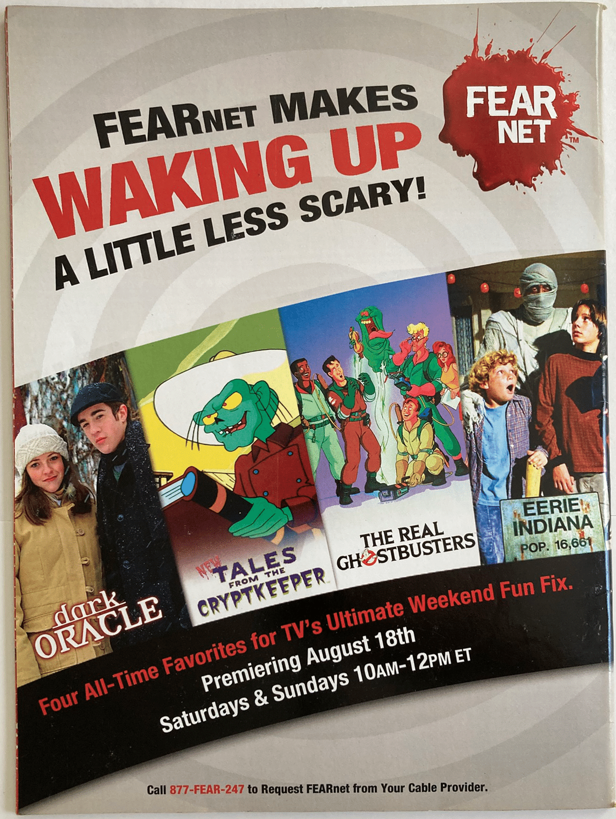 Fangoria Magazine #315 back cover ad for FEARnet featuring vintage horror TV shows and classic spooky characters.