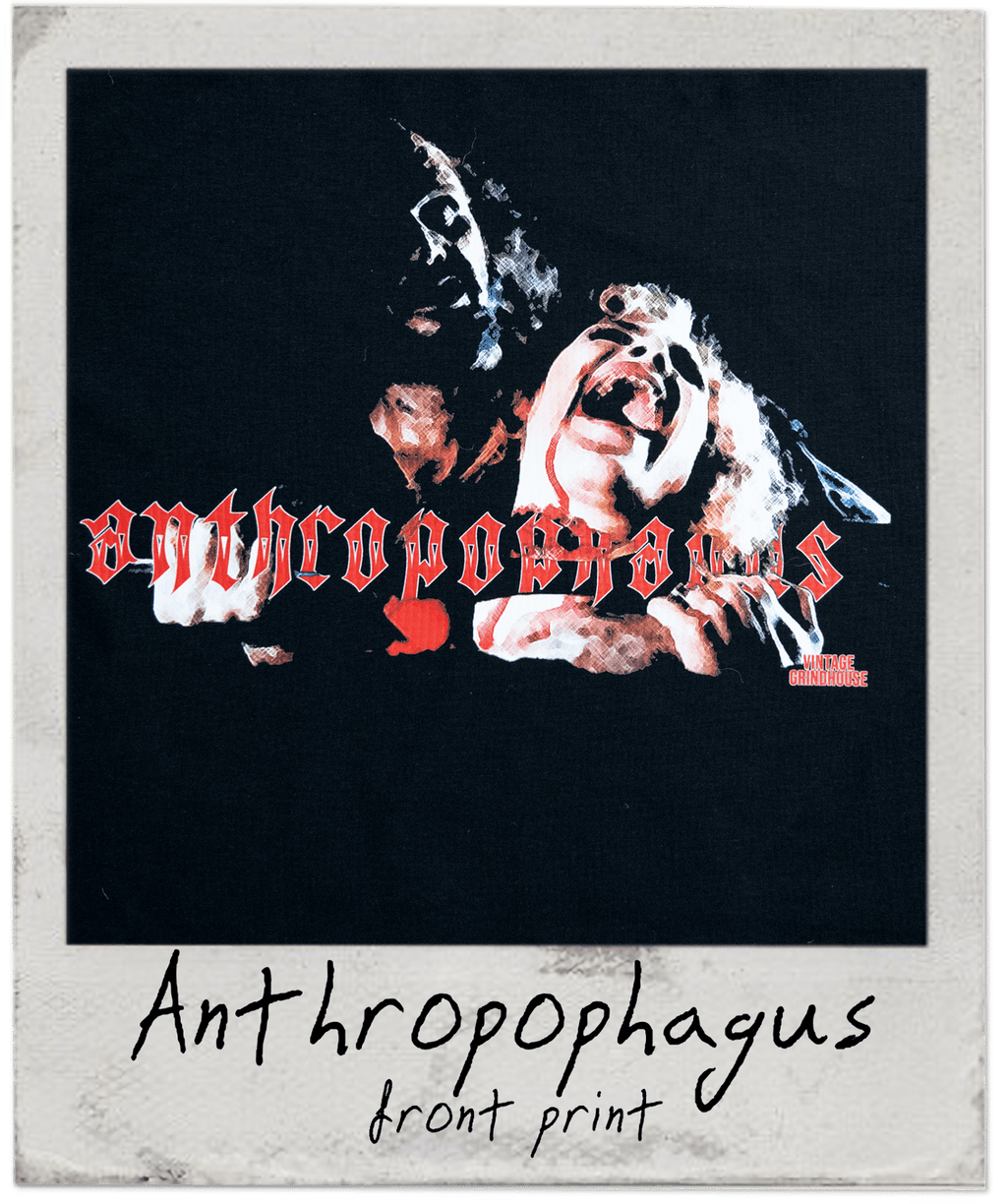 'Anthropophagus' with a stylized illustration of a person and text on a black background.