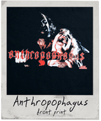'Anthropophagus' with a stylized illustration of a person and text on a black background.