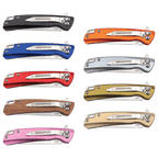 Collection of various colored pocket knives on a green background