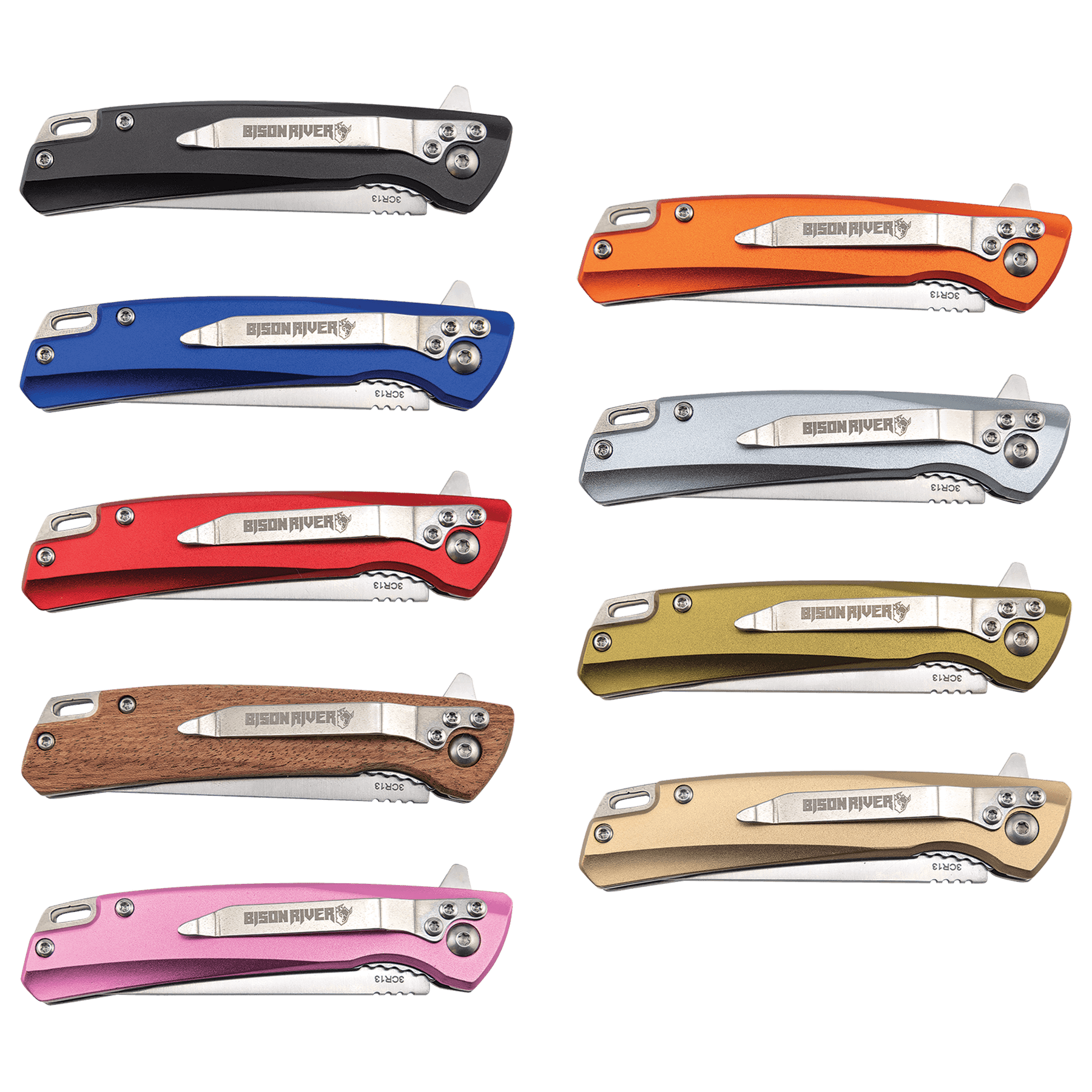 Collection of various colored pocket knives on a green background