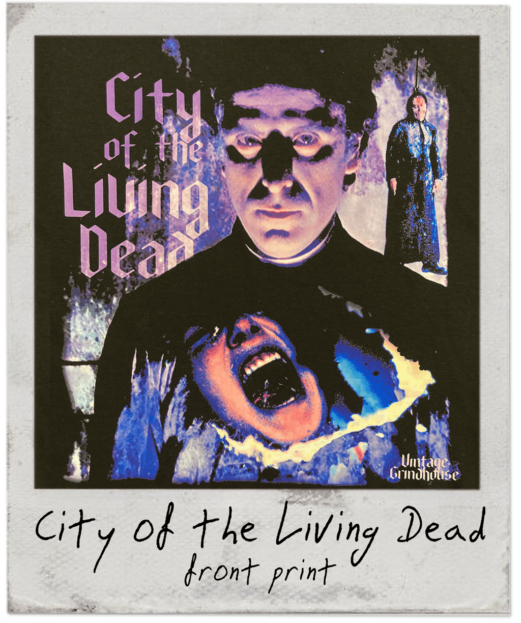 Graphic of 'City of the Living Dead' with a dark, eerie design featuring a person and text.