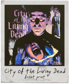 Graphic of 'City of the Living Dead' with a dark, eerie design featuring a person and text.