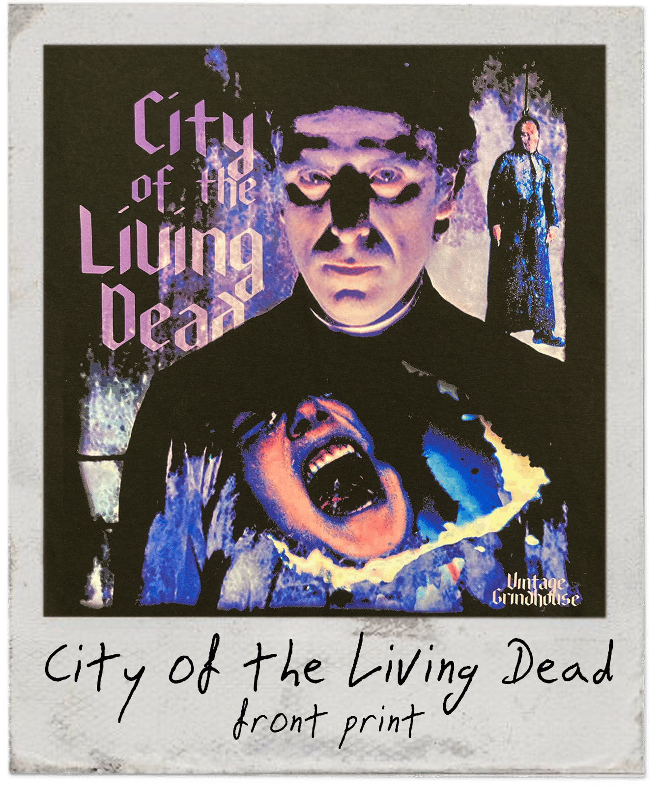 Graphic of 'City of the Living Dead' with a dark, eerie design featuring a person and text.