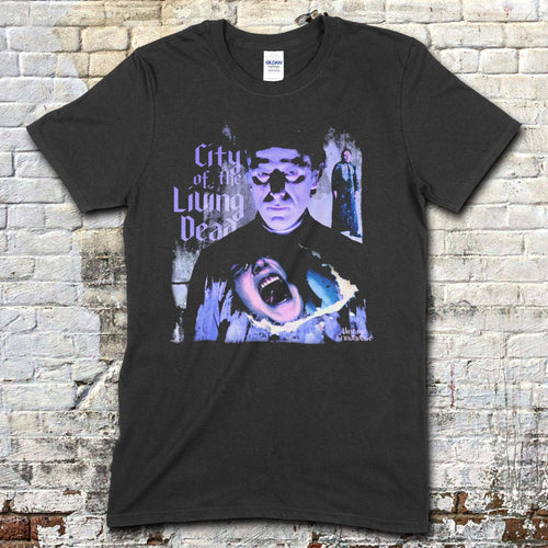 Black t-shirt featuring a blue-toned graphic of a man with a screaming face and City of the Living Dead text on front