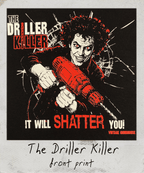 Closeup of 'The Driller Killer' with a stylized illustration of a character holding a drill.