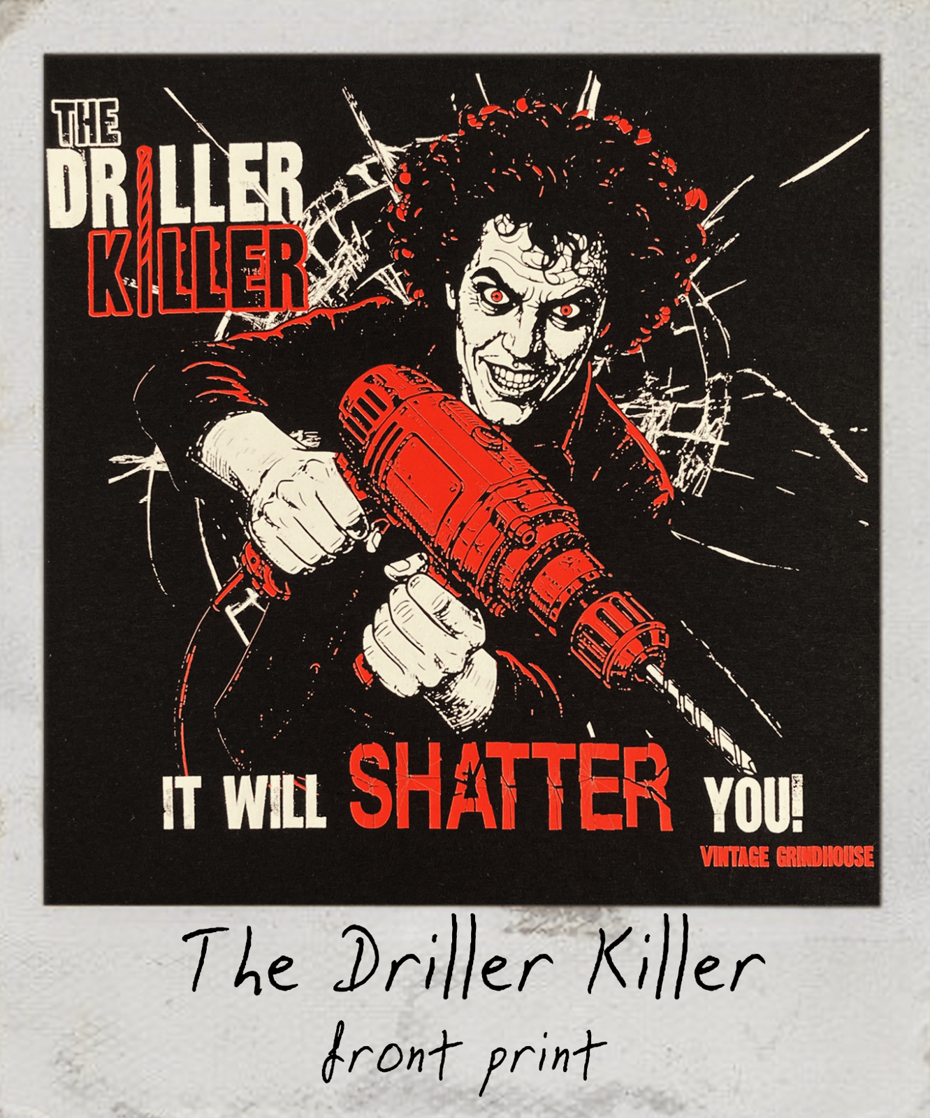 Closeup of 'The Driller Killer' with a stylized illustration of a character holding a drill.