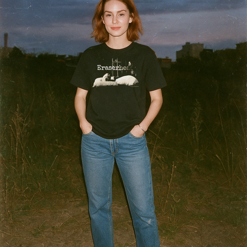 Person wearing a black t-shirt with 'Eraserhead' graphic in an outdoor setting