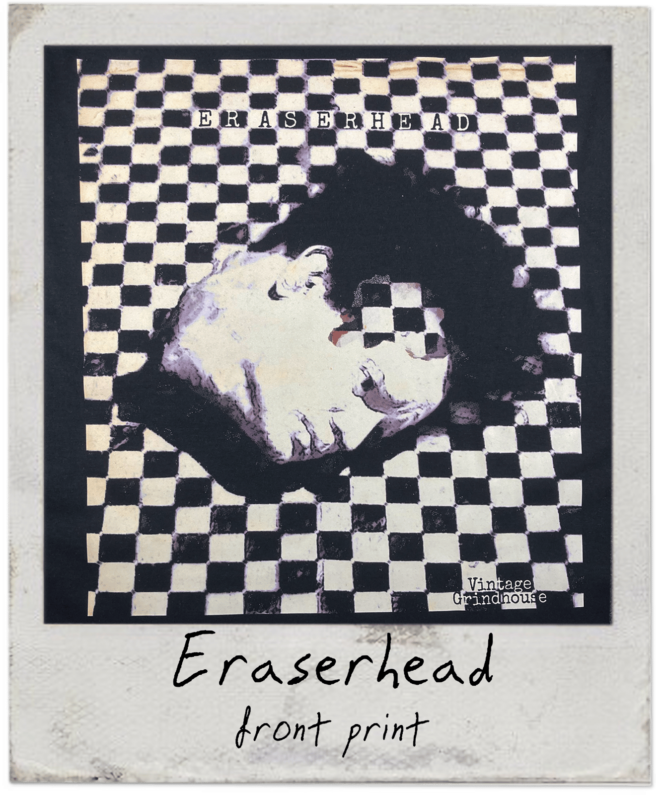 Shirt closeup for 'Eraserhead' with a checkered pattern and stylized text.