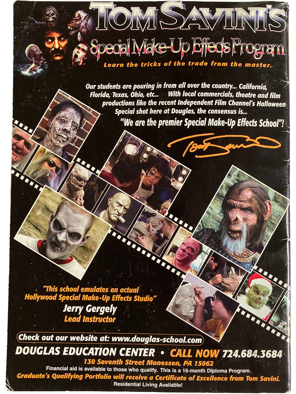 Back cover of Fangoria Magazine #210 promoting Tom Savini’s special makeup effects school with photos of horror prosthetics and creatures