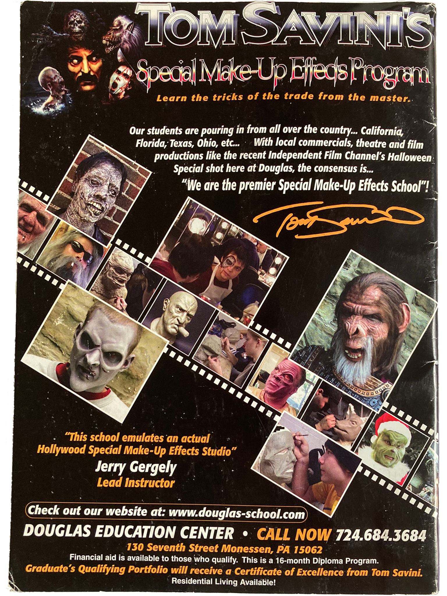 Back cover of Fangoria Magazine #210 promoting Tom Savini’s special makeup effects school with photos of horror prosthetics and creatures