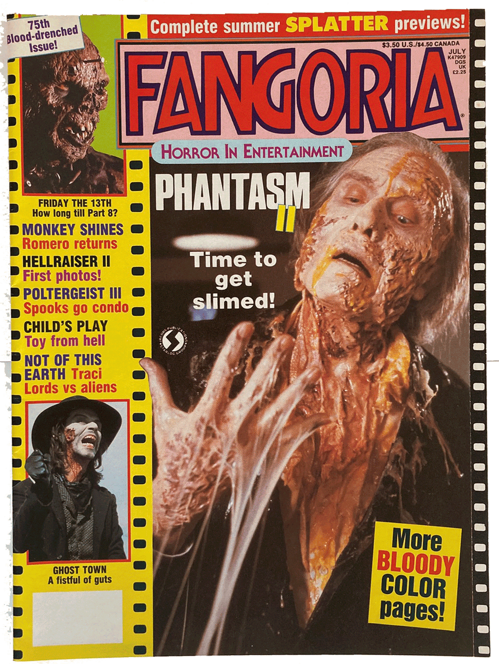 Fangoria Magazine #75 cover featuring slime-covered horror character and vintage grindhouse style splatter previews