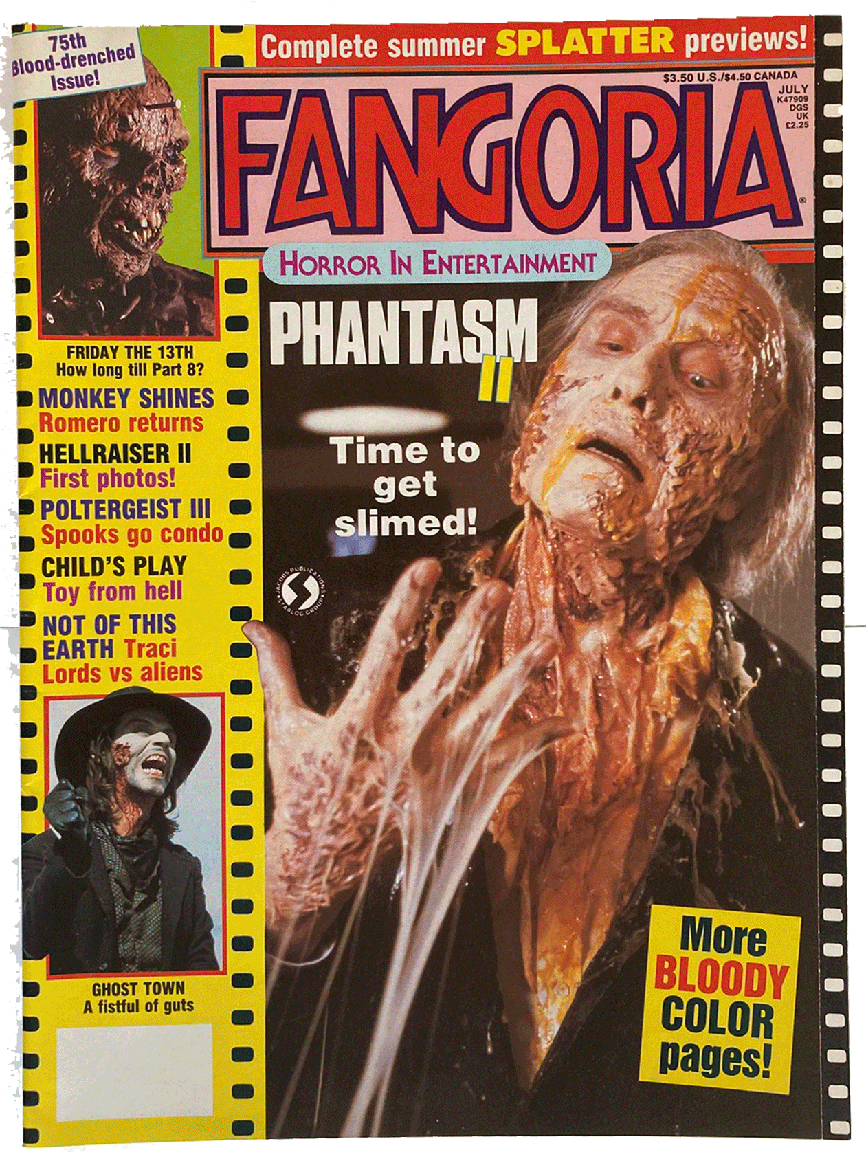 Fangoria Magazine #75 cover featuring slime-covered horror character and vintage grindhouse style splatter previews