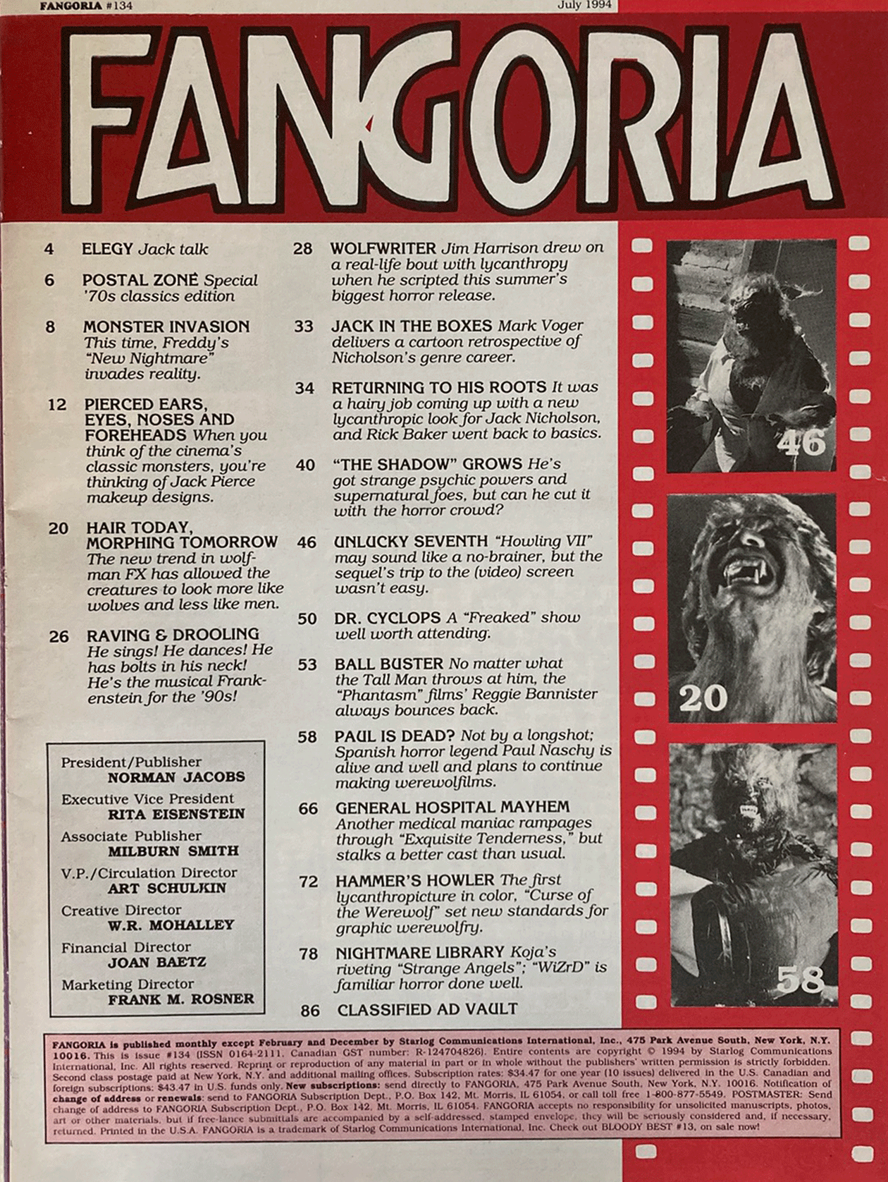 Fangoria Magazine #134 15th Anniversary Issue cover featuring vintage horror film headlines and black-and-white photos.