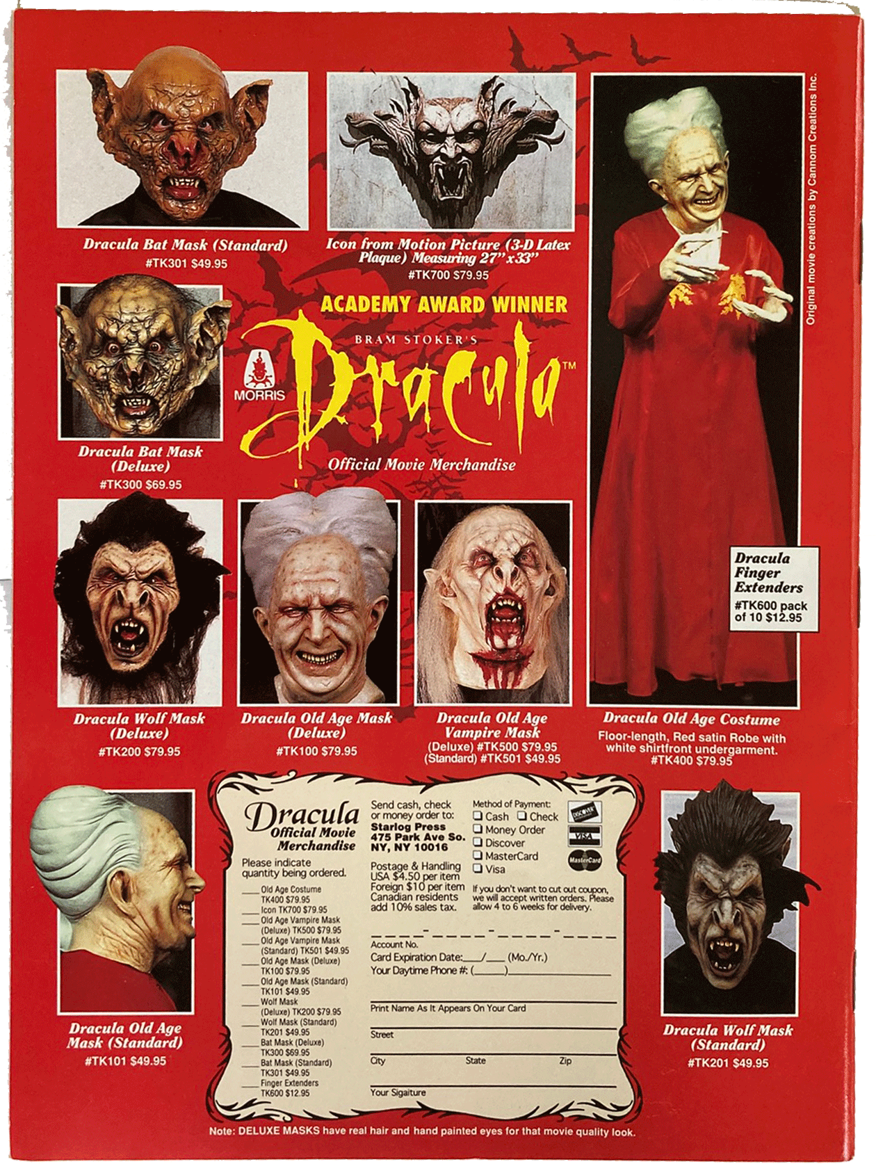 Fangoria Magazine #134 15th Anniversary Issue featuring vintage Dracula masks, costume, and official movie merchandise display.