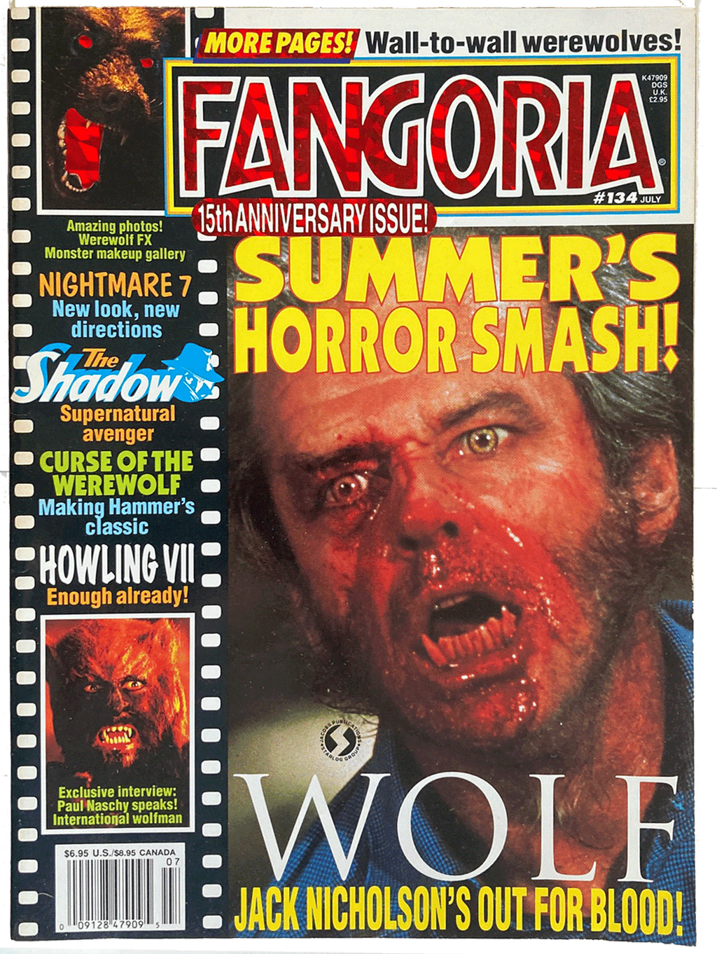 Fangoria Magazine #134 15th Anniversary Issue cover with bloody Jack Nicholson from Wolf and vintage horror headlines