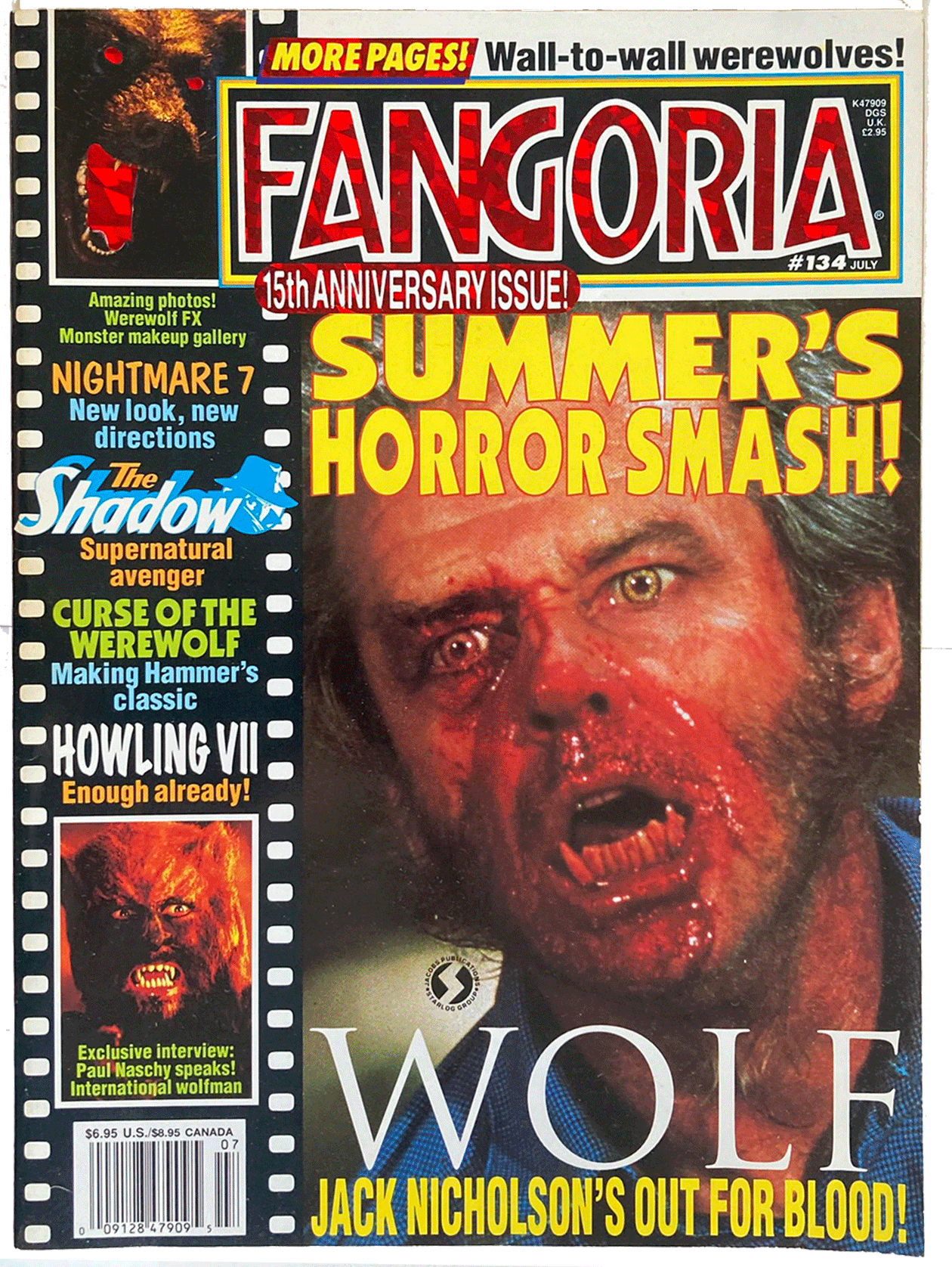 Fangoria Magazine #134 15th Anniversary Issue cover with bloody Jack Nicholson from Wolf and vintage horror headlines