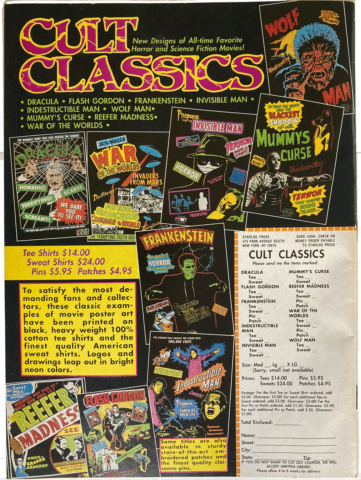 Fangoria Magazine #93 vintage-style ad featuring classic horror and sci-fi movie posters and merchandise details.