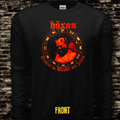 Black sweatshirt with red and orange graphic design  inspired by the silent horror movie Haxan on a brick wall background