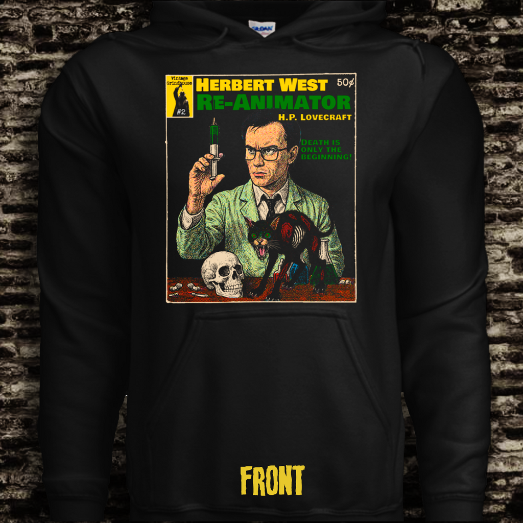 Black hoodie with a graphic design of Herbert West from H.P. Lovecraft's 'Re-Animator' on a brick wall background.
