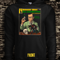 Black hoodie with a graphic design of Herbert West from H.P. Lovecraft's 'Re-Animator' on a brick wall background.