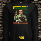 Black hoodie with a graphic design of Herbert West from H.P. Lovecraft's 'Re-Animator' on a brick wall background.