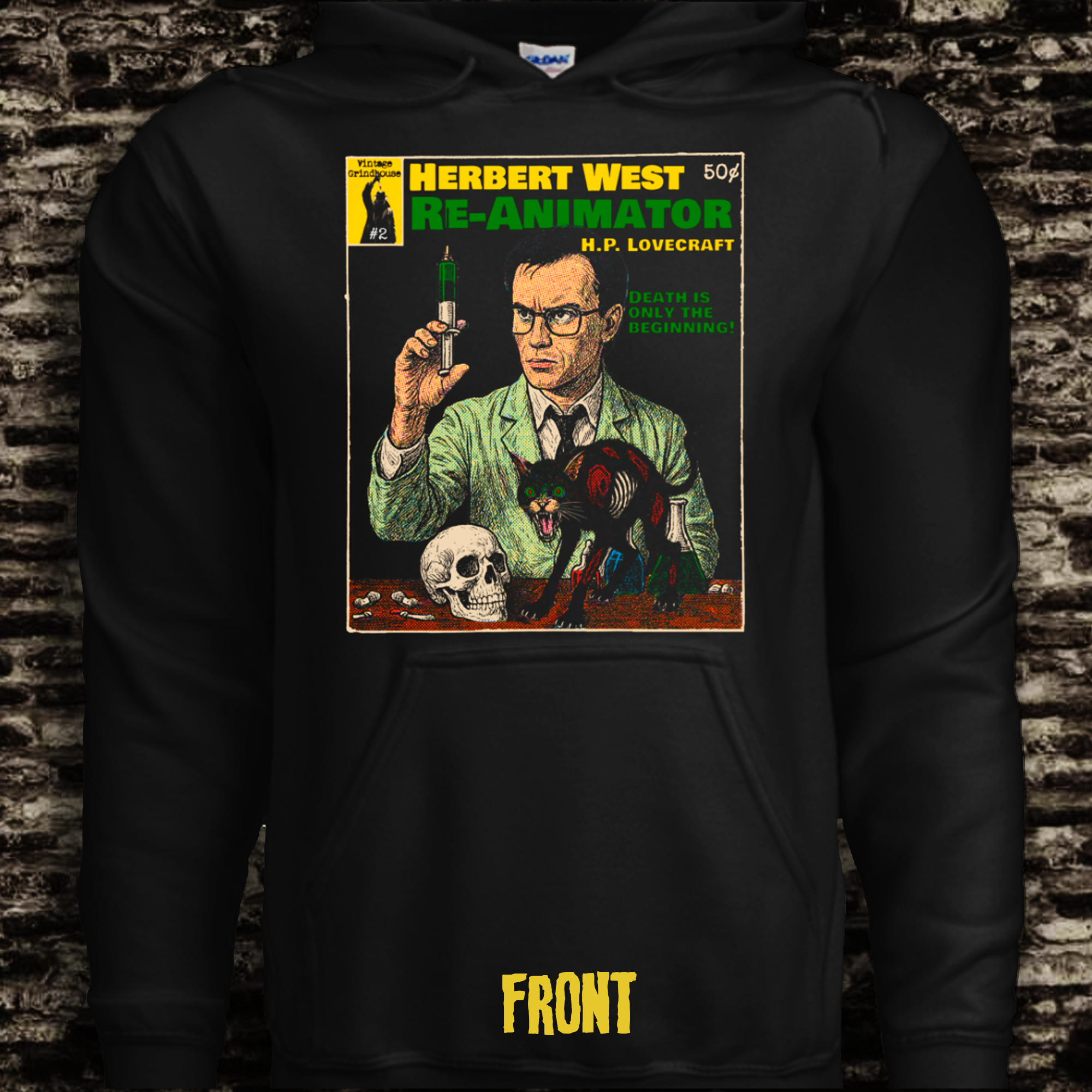 Black hoodie with a graphic design of Herbert West from H.P. Lovecraft's 'Re-Animator' on a brick wall background.