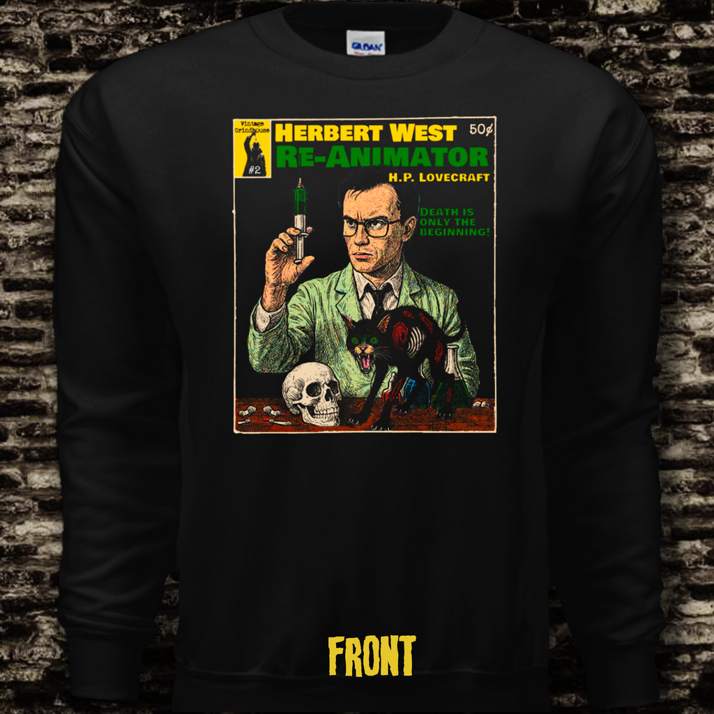 Black long-sleeve shirt with a graphic design of Herbert West from 'Re-Animator' by H.P. Lovecraft