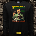 Black long-sleeve shirt with a graphic design of Herbert West from 'Re-Animator' by H.P. Lovecraft