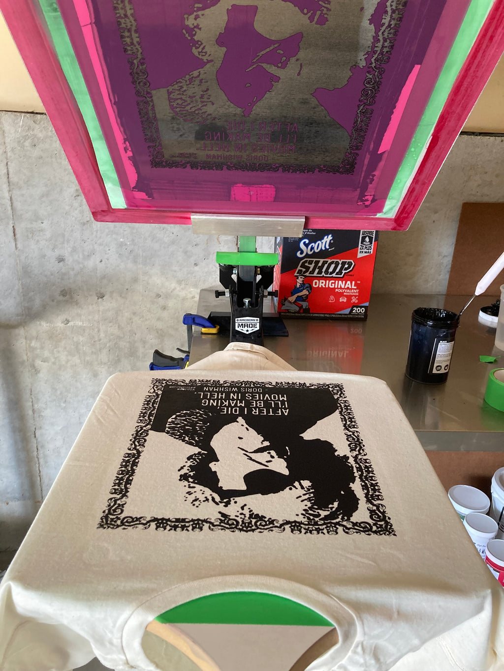 Doris Wishman Tribute shirt being screen printed with vintage Grindhouse-style horror artwork on cream fabric