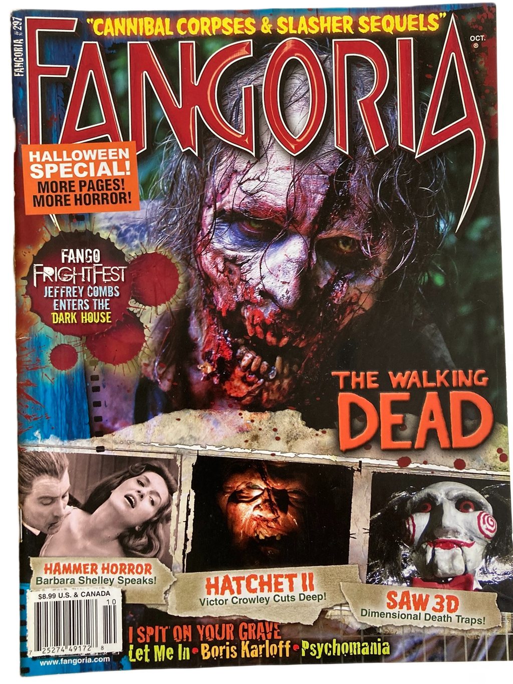Fangoria Magazine #297 cover featuring The Walking Dead zombie and horror scenes from Hatchet II, Saw 3D, and Hammer Horror