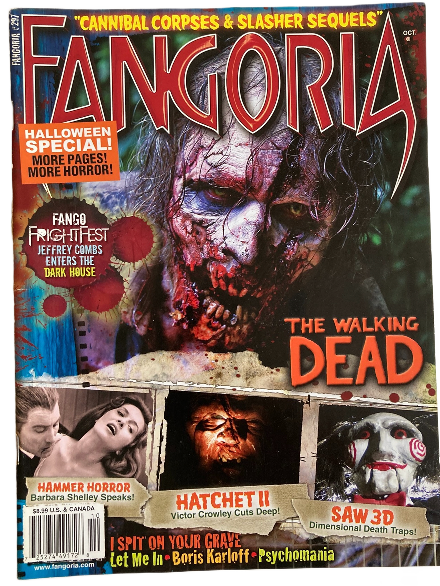 Fangoria Magazine #297 cover featuring The Walking Dead zombie and horror scenes from Hatchet II, Saw 3D, and Hammer Horror