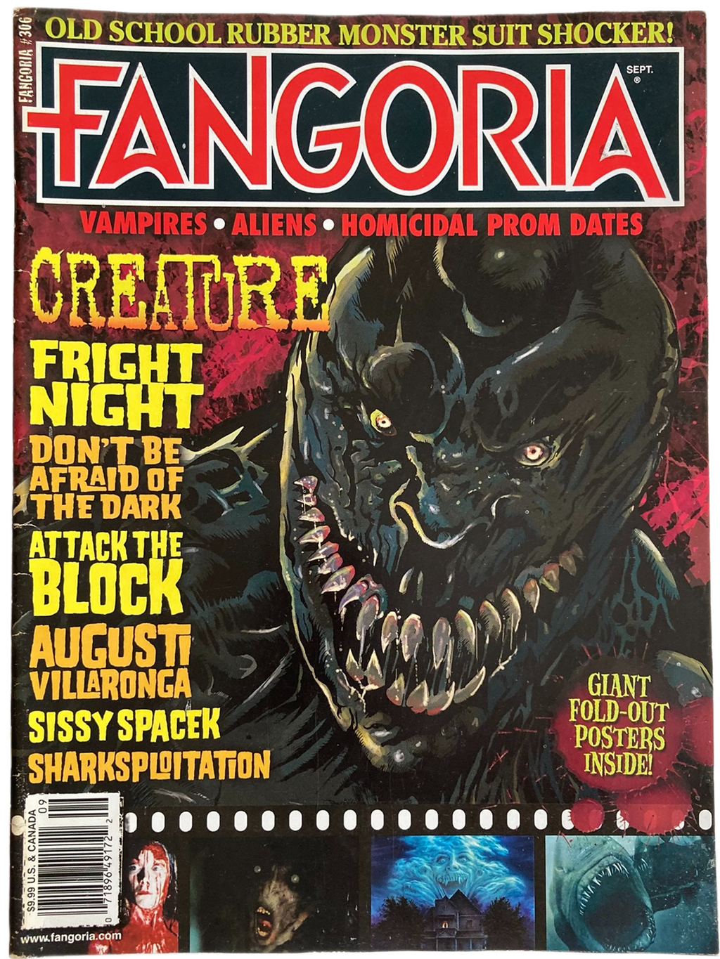 Fangoria Magazine #306 cover featuring a menacing creature with sharp teeth and horror film titles in vintage grindhouse style.