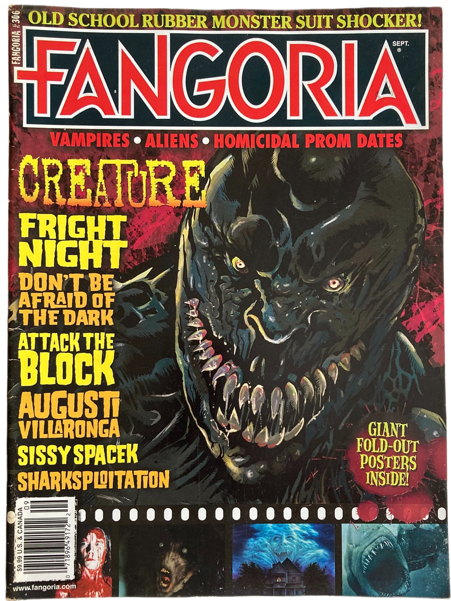 Fangoria Magazine #306 cover featuring a menacing creature with sharp teeth and horror film titles in vintage grindhouse style.