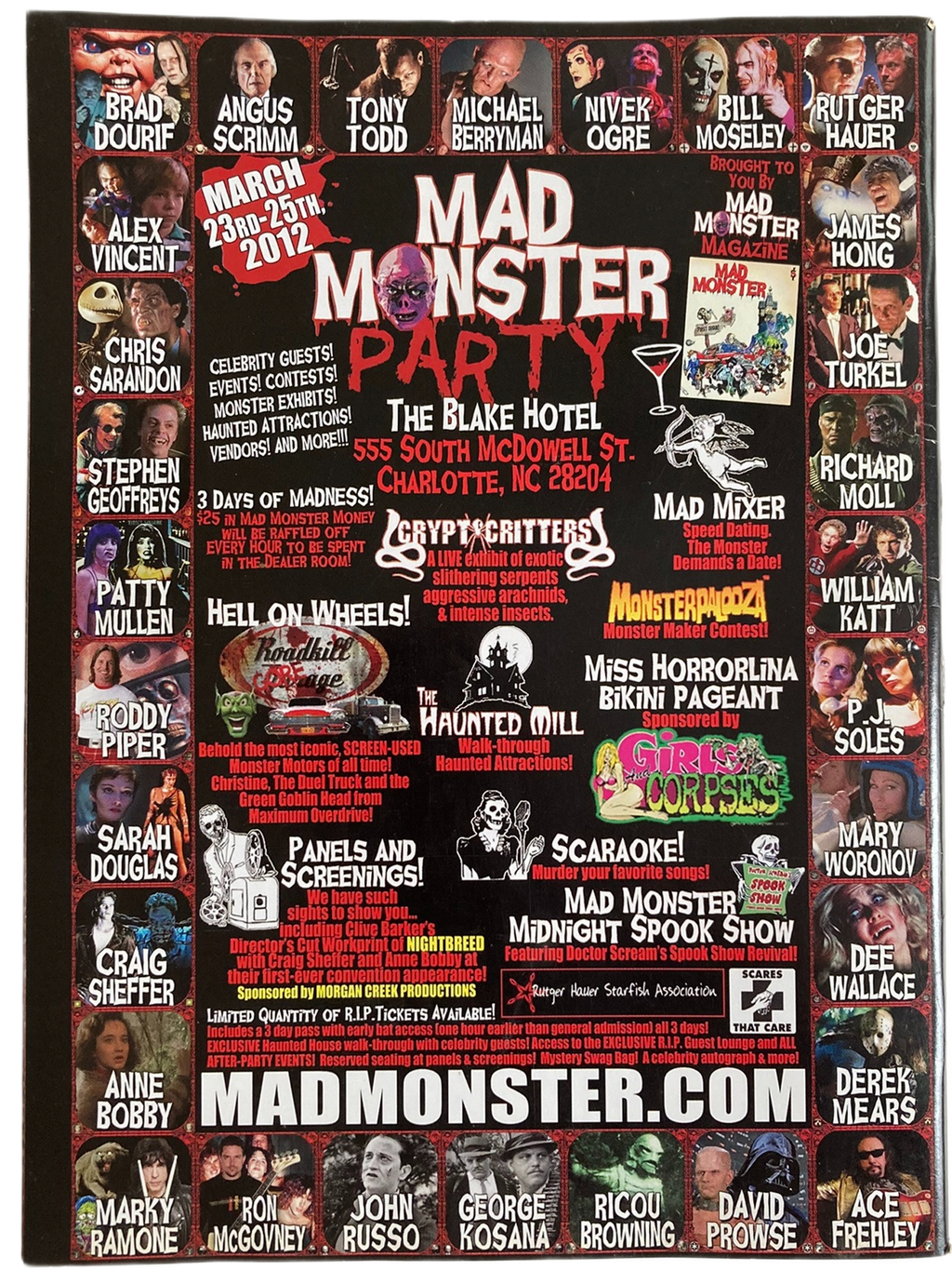 Fangoria Magazine #311 cover featuring a vintage grindhouse style mad monster party event poster with horror icons and colorful text.