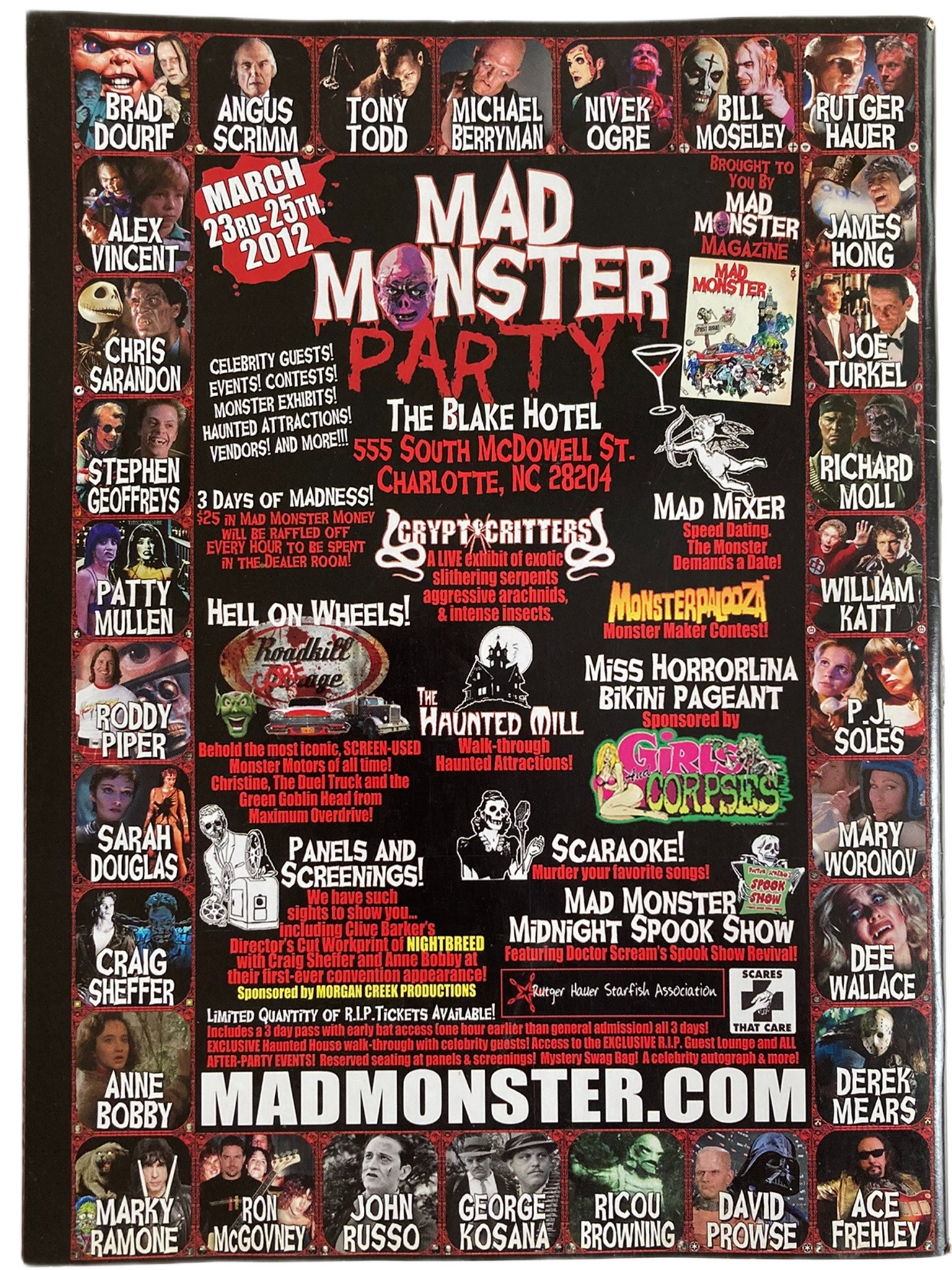 Fangoria Magazine #311 cover featuring a vintage grindhouse style mad monster party event poster with horror icons and colorful text.
