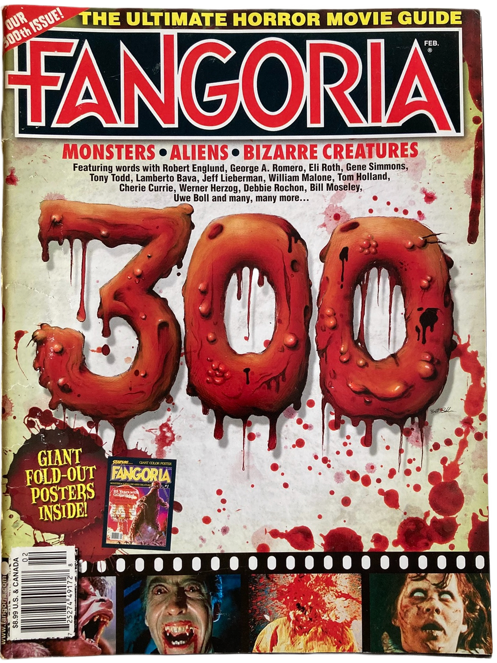 Fangoria Magazine #300 cover with blood-dripping 300 text, horror movie monsters, and vintage grindhouse style elements