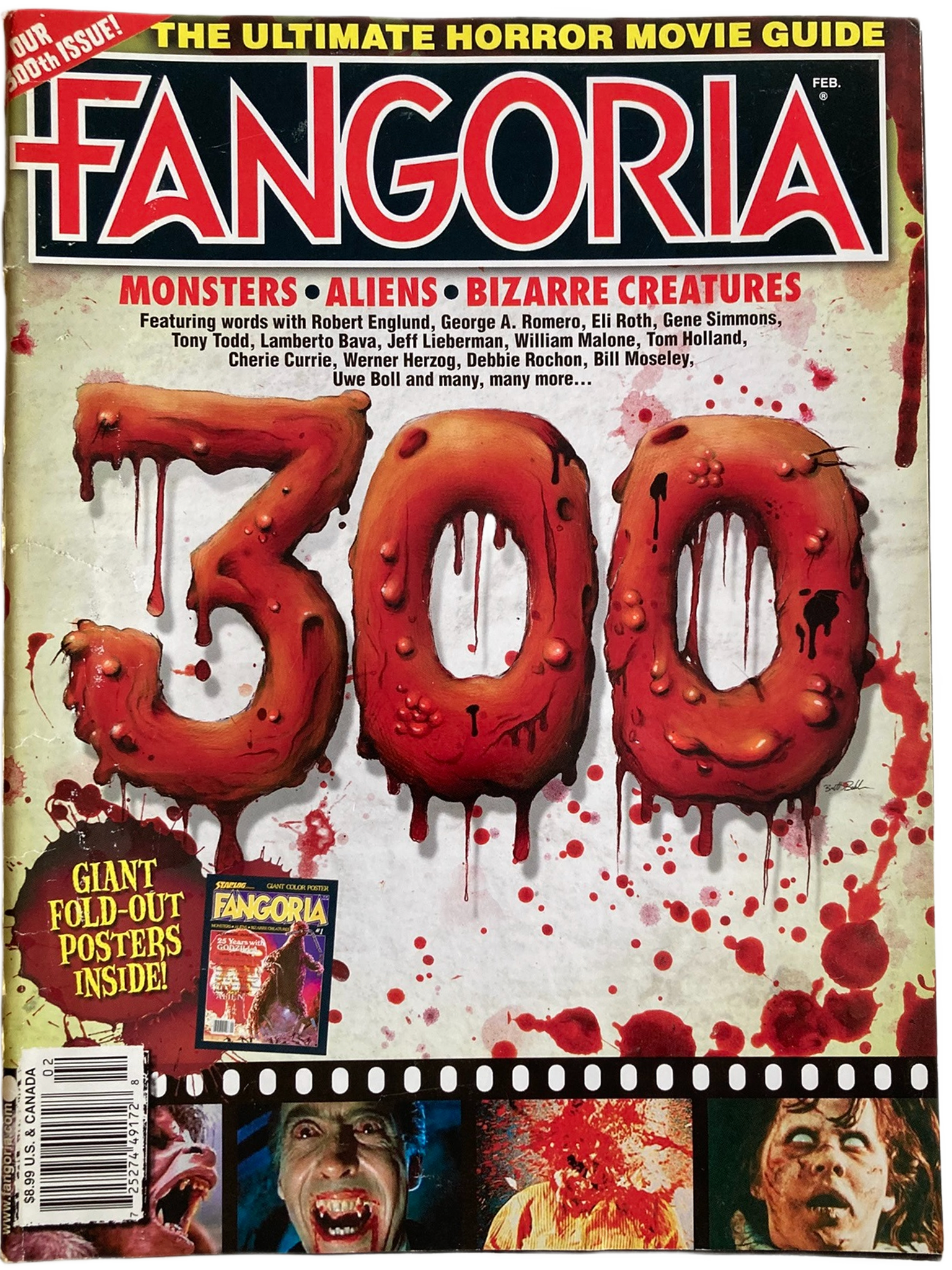 Fangoria Magazine #300 cover with blood-dripping 300 text, horror movie monsters, and vintage grindhouse style elements