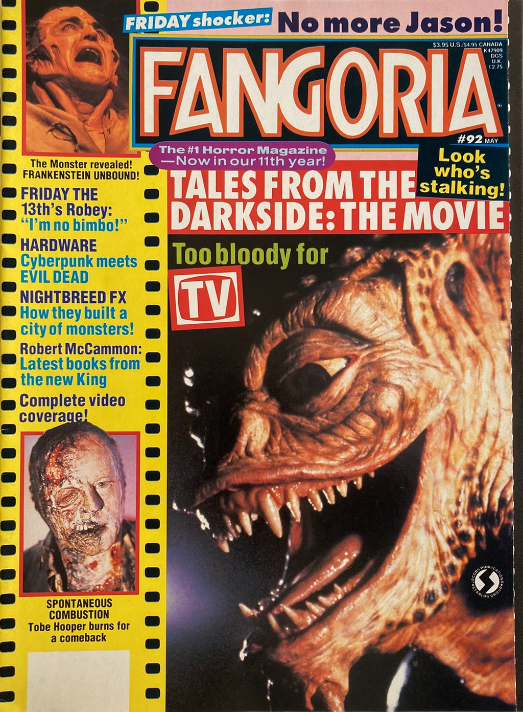 Fangoria Magazine #92 cover featuring monstrous creature from Tales From the Darkside amid horror film headlines and retro design